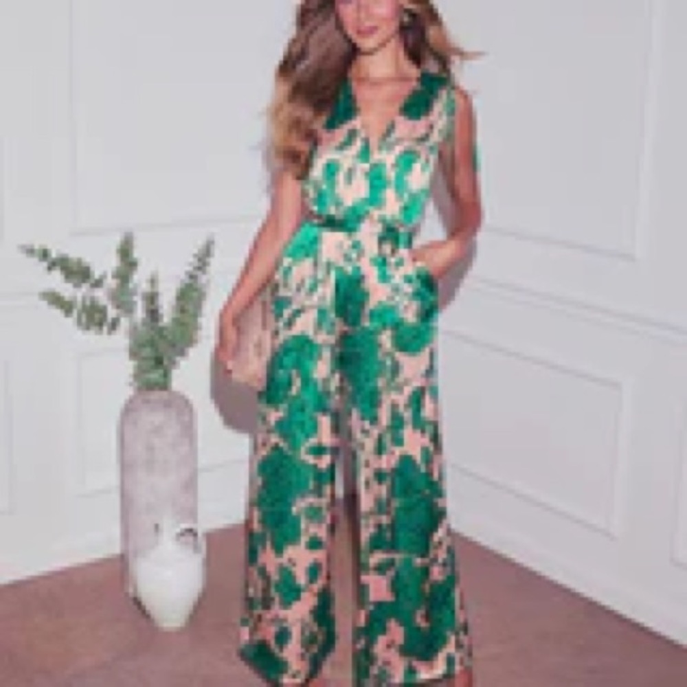 Vici Green and Cream Floral Jumpsuit